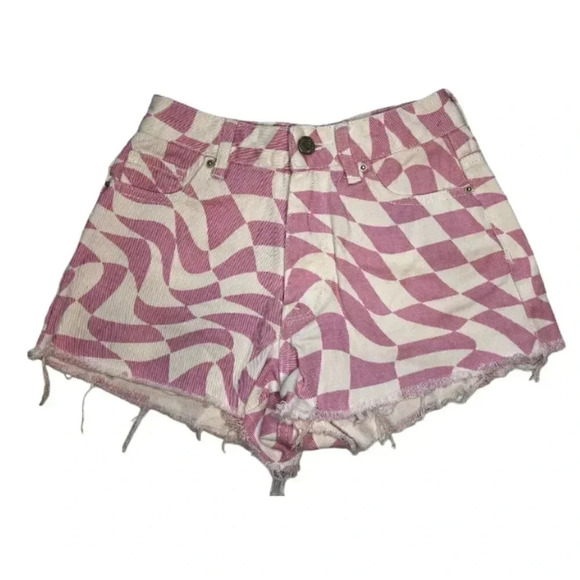 PacSun Pink Checkerboard High Waisted Denim Festival Shorts. Size 22 Petite - Picture 2 of 12
